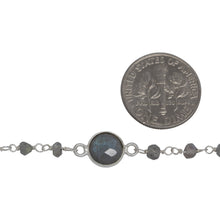 Load image into Gallery viewer, Sterling Silver 3.35mm Width by 2.50mm Length Natural Hand Cut Labradorite Stone With 7.96mm Width / Length Labradorite Round Bezel Set Connected by 3.10mm Width / Length Smooth Circle On Each Side, Every 3 Inches, Bezel Set Chain. Price per: 1 Inch.
