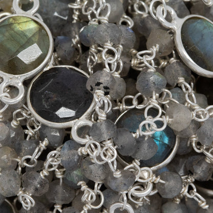 Sterling Silver 3.35mm Width by 2.50mm Length Natural Hand Cut Labradorite Stone With 7.96mm Width / Length Labradorite Round Bezel Set Connected by 3.10mm Width / Length Smooth Circle On Each Side, Every 3 Inches, Bezel Set Chain. Price per: 1 Inch.