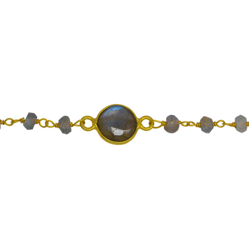 Chain by Foot. Sterling Silver Gold Plated 3.35mm Width by 2.50mm Length Natural Hand Cut Labradorite Stone With 7.96mm Width / Length Labradorite Round Bezel Set Connected by Smooth Circle On Each Side, Every 3 Inches, Bezel Set Chain. Price per: 1 Inch.