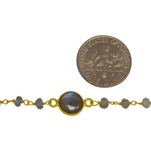 Load image into Gallery viewer, Sterling Silver Gold Plated 3.35mm Width by 2.50mm Length Natural Hand Cut Labradorite Stone With 7.96mm Width / Length Labradorite Round Bezel Set Connected by Smooth Circle On Each Side, Every 3 Inches, Bezel Set Chain. Price per: 1 Inch.
