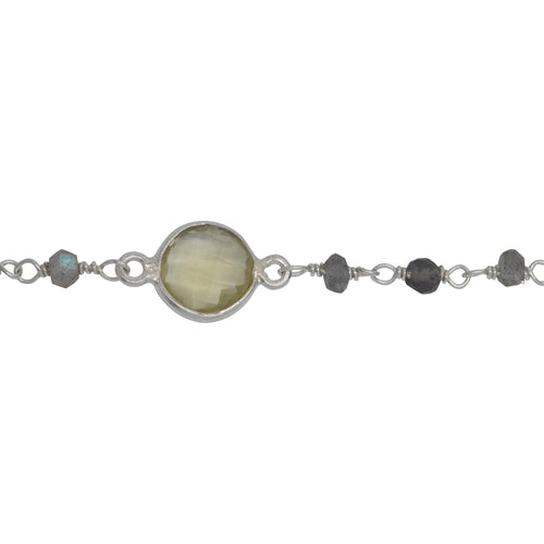 Chain by Foot. Sterling Silver 3.15mm Width by 2.50mm Length Natural Hand Cut Labradorite Stone With 9.00mm Width / Length Mutistone Round Bezel Set Connected by 3.10mm Width / Length Smooth Circle On Each Side, Every 3 Inches, Bezel Set Chain. Price per: 1 Inch.