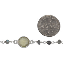 Load image into Gallery viewer, Sterling Silver 3.15mm Width by 2.50mm Length Natural Hand Cut Labradorite Stone With 9.00mm Width / Length Mutistone Round Bezel Set Connected by 3.10mm Width / Length Smooth Circle On Each Side, Every 3 Inches, Bezel Set Chain. Price per: 1 Inch.
