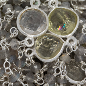 Sterling Silver 3.15mm Width by 2.50mm Length Natural Hand Cut Labradorite Stone With 9.00mm Width / Length Mutistone Round Bezel Set Connected by 3.10mm Width / Length Smooth Circle On Each Side, Every 3 Inches, Bezel Set Chain. Price per: 1 Inch.