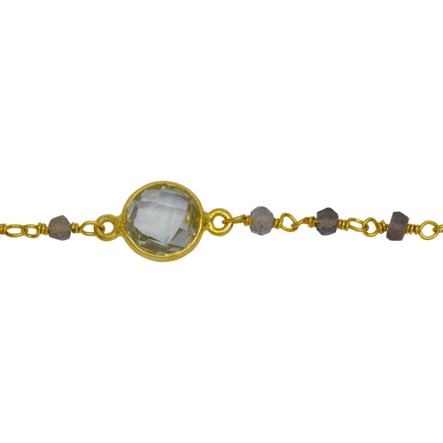 Chain by Foot. Sterling Silver Gold Plated 3.15mm Width by 2.50mm Length Natural Hand Cut Labradorite Stone With 9.00mm Width / Length Mutistone Round Bezel Set Connected by 3.10mm Width / Length Smooth Circle On Each Side, Every 3 Inches, Bezel Set Chain. Price per: 1 Inch.