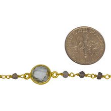 Load image into Gallery viewer, Sterling Silver Gold Plated 3.15mm Width by 2.50mm Length Hand Cut Labradorite Stone With 9.00mm Width / Length Mutistone Round Bezel Set Connected by 3.10mm Width / Length Smooth Circle On Each Side, Every 3 Inches, Bezel Set Chain. Price per: 1 Inch.
