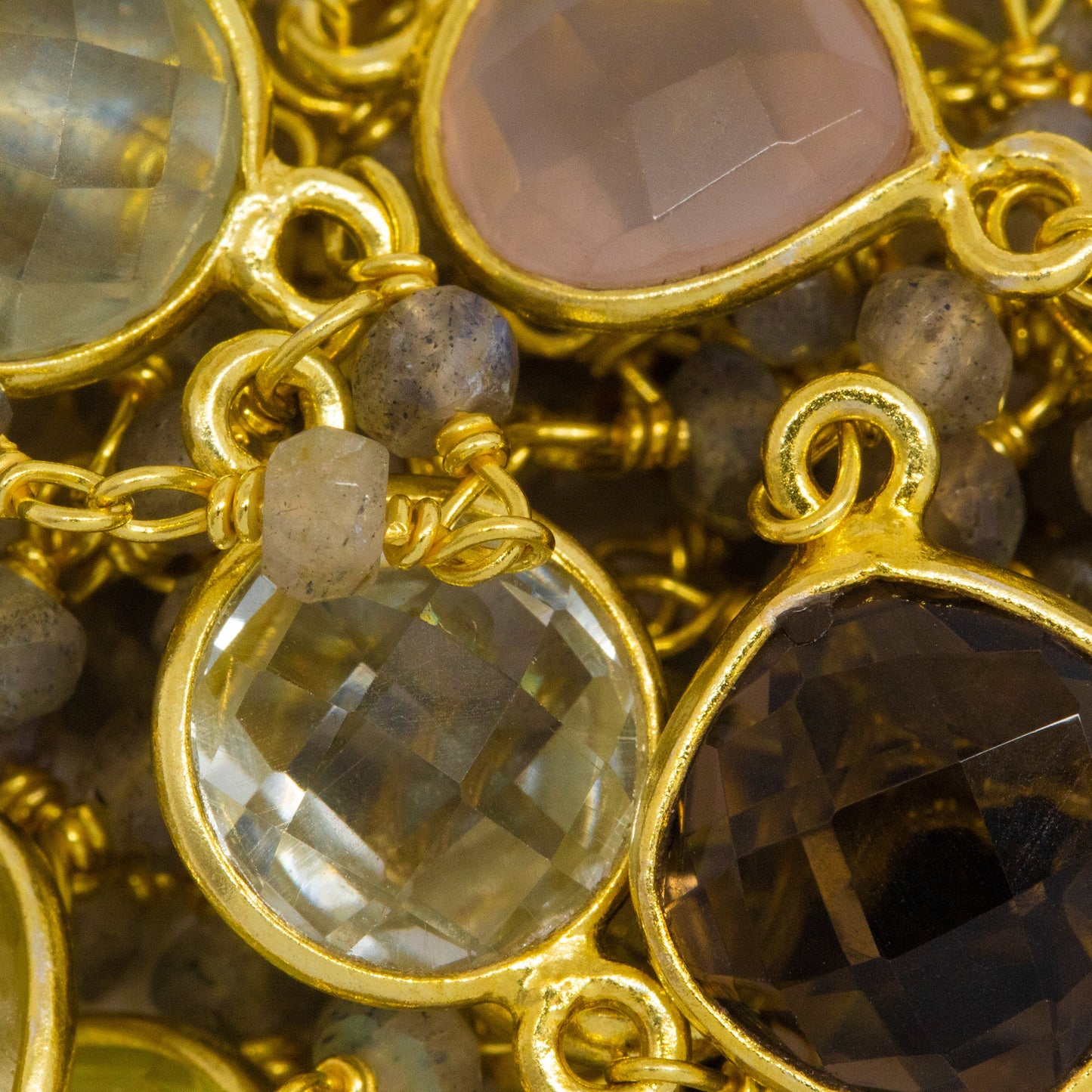 Sterling Silver Gold Plated 3.15mm Width by 2.50mm Length Hand Cut Labradorite Stone With 9.00mm Width / Length Mutistone Round Bezel Set Connected by 3.10mm Width / Length Smooth Circle On Each Side, Every 3 Inches, Bezel Set Chain. Price per: 1 Inch.