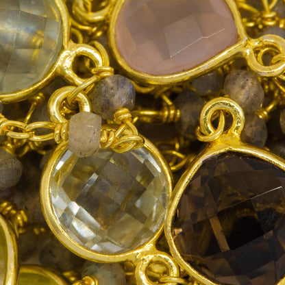 Sterling Silver Gold Plated 3.15mm Width by 2.50mm Length Hand Cut Labradorite Stone With 9.00mm Width / Length Mutistone Round Bezel Set Connected by 3.10mm Width / Length Smooth Circle On Each Side, Every 3 Inches, Bezel Set Chain. Price per: 1 Inch.