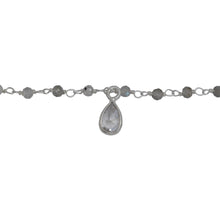 Load image into Gallery viewer, Chain by Foot. Sterling Silver 2.40mm by 2.03mm Natural Hand Cut Labradorite Stone, With One 3.20mm Width / Length Smooth Circle Link Connected With One of 4.78mm Width by 6.58mm Length Tear Drop CZ Charm Hanging off the Chain, Gem Stone Chain. Price per: 1 Inch.
