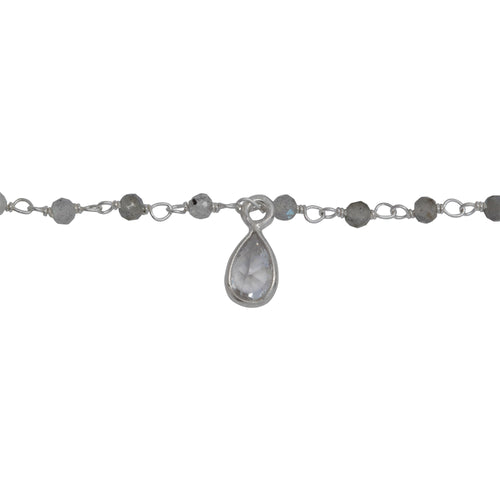 Chain by Foot. Sterling Silver 2.40mm by 2.03mm Natural Hand Cut Labradorite Stone, With One 3.20mm Width / Length Smooth Circle Link Connected With One of 4.78mm Width by 6.58mm Length Tear Drop CZ Charm Hanging off the Chain, Gem Stone Chain. Price per: 1 Inch.