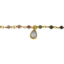 Load image into Gallery viewer, Chain by Foot. Sterling Silver Gold Plated 2.42mm by 2.25mm Natural Hand Cut Tourmaline Stone, With One 3.20mm Width / Length Smooth Circle Link Connected With One Tear Drop CZ Charm Hanging off the Chain, Gem Stone Chain. Price per: 1 Inch.
