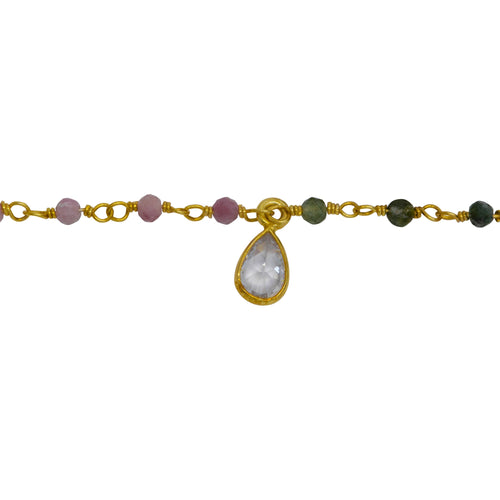 Chain by Foot. Sterling Silver Gold Plated 2.42mm by 2.25mm Natural Hand Cut Tourmaline Stone, With One 3.20mm Width / Length Smooth Circle Link Connected With One Tear Drop CZ Charm Hanging off the Chain, Gem Stone Chain. Price per: 1 Inch.