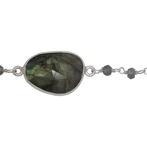 Chain by Foot. Sterling Silver 3.15mm Width by 2.50mm Length Natural Hand Cut Labradorite Stone With Labradorite Fancy Bezel Set Connected by 3.30mm Width / Length Smooth Circle On Each Side, Every 5 Inches, Bezel Set Chain. Price per: 1 Inch.