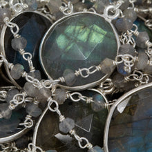 Load image into Gallery viewer, Sterling Silver 3.15mm Width by 2.50mm Length Natural Hand Cut Labradorite Stone With Labradorite Fancy Bezel Set Connected by 3.30mm Width / Length Smooth Circle On Each Side, Every 5 Inches, Bezel Set Chain. Price per: 1 Inch.
