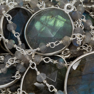 Sterling Silver 3.15mm Width by 2.50mm Length Natural Hand Cut Labradorite Stone With Labradorite Fancy Bezel Set Connected by 3.30mm Width / Length Smooth Circle On Each Side, Every 5 Inches, Bezel Set Chain. Price per: 1 Inch.