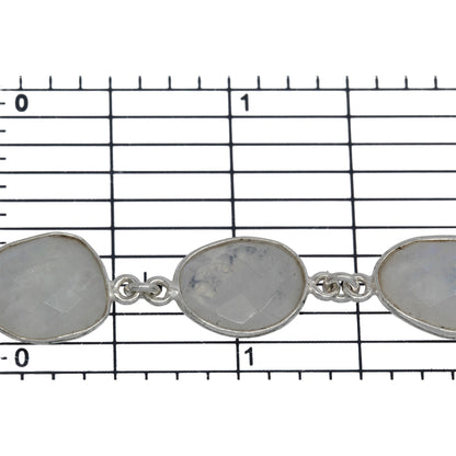 Sterling Silver 12.0mm Width / Length approximately Rainbow Moon Stone Fancy Bezel Set Connected by 3.35mm Width / Length Smooth Circle On Each Side, Followed by 3.8mm Width / Length Smooth Circle Link, Bezel Set Chain. Price per: 1 Inch.