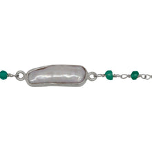 Load image into Gallery viewer, Chain by Foot. Brass Silver Plated 3.20mm Width by 2.40mm Length Hand Cut Green Onyx Gem Stone, Followed by 7.40mm Width by 17.10mm Length approximately Biwa Pearl Bezel Set, Gem Stone Chain. Price per: 1 Inch.
