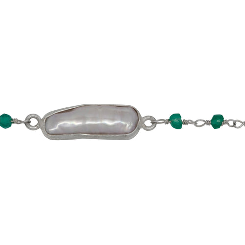 Chain by Foot. Brass Silver Plated 3.20mm Width by 2.40mm Length Hand Cut Green Onyx Gem Stone, Followed by 7.40mm Width by 17.10mm Length approximately Biwa Pearl Bezel Set, Gem Stone Chain. Price per: 1 Inch.