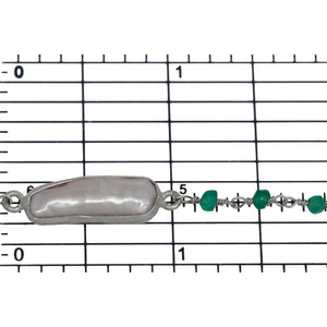 Brass Silver Plated 3.20mm Width by 2.40mm Length Hand Cut Green Onyx Gem Stone, Followed by 7.40mm Width by 17.10mm Length approximately Biwa Pearl Bezel Set, Gem Stone Chain. Price per: 1 Inch.