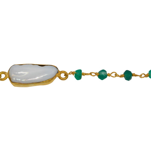 Chain by Foot. Brass Gold Plated 3.20mm Width by 2.40mm Length Hand Cut Green Onyx Gem Stone, Followed by 7.40mm Width by 17.10mm Length approximately Biwa Pearl Bezel Set, Gem Stone Chain. Price per: 1 Inch.