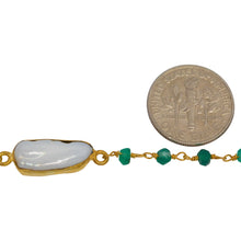 Load image into Gallery viewer, Brass Gold Plated 3.20mm Width by 2.40mm Length Hand Cut Green Onyx Gem Stone, Followed by 7.40mm Width by 17.10mm Length approximately Biwa Pearl Bezel Set, Gem Stone Chain. Price per: 1 Inch.
