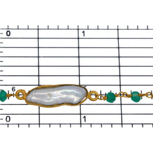 Load image into Gallery viewer, Brass Gold Plated 3.20mm Width by 2.40mm Length Hand Cut Green Onyx Gem Stone, Followed by 7.40mm Width by 17.10mm Length approximately Biwa Pearl Bezel Set, Gem Stone Chain. Price per: 1 Inch.
