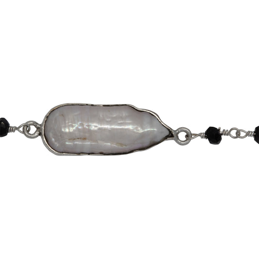 Chain by Foot. Brass Silver Plated 3.30mm Width by 2.40mm Length Hand Cut Black Spinel Gem Stone, Followed by 7.40mm Width by 17.10mm Length approximately Biwa Pearl Bezel Set, Gem Stone Chain. Price per: 1 Inch.