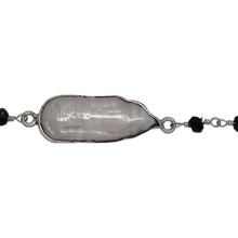 Load image into Gallery viewer, Chain by Foot. Brass Silver Plated 3.30mm Width by 2.40mm Length Hand Cut Black Spinel Gem Stone, Followed by 7.40mm Width by 17.10mm Length approximately Biwa Pearl Bezel Set, Gem Stone Chain. Price per: 1 Inch.
