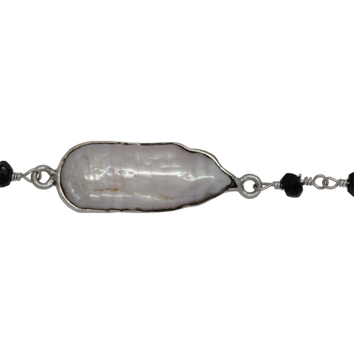 Chain by Foot. Brass Silver Plated 3.30mm Width by 2.40mm Length Hand Cut Black Spinel Gem Stone, Followed by 7.40mm Width by 17.10mm Length approximately Biwa Pearl Bezel Set, Gem Stone Chain. Price per: 1 Inch.