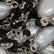 Load image into Gallery viewer, Brass Silver Plated 3.30mm Width by 2.40mm Length Hand Cut Black Spinel Gem Stone, Followed by 7.40mm Width by 17.10mm Length approximately Biwa Pearl Bezel Set, Gem Stone Chain. Price per: 1 Inch.
