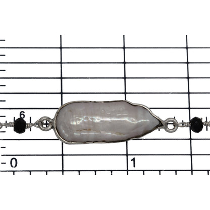 Brass Silver Plated 3.30mm Width by 2.40mm Length Hand Cut Black Spinel Gem Stone, Followed by 7.40mm Width by 17.10mm Length approximately Biwa Pearl Bezel Set, Gem Stone Chain. Price per: 1 Inch.