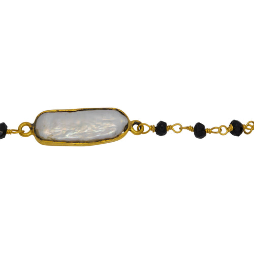 Chain by Foot. Brass Gold Plated 3.30mm Width by 2.40mm Length Hand Cut Black Spinel Gem Stone, Followed by 7.40mm Width by 17.10mm Length approximately Biwa Pearl Bezel Set, Gem Stone Chain. Price per: 1 Inch.