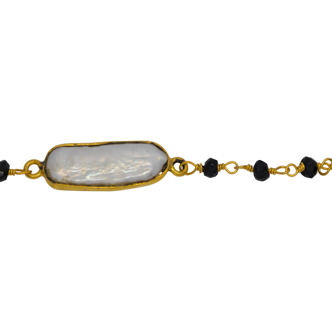 Chain by Foot. Brass Gold Plated 3.30mm Width by 2.40mm Length Hand Cut Black Spinel Gem Stone, Followed by 7.40mm Width by 17.10mm Length approximately Biwa Pearl Bezel Set, Gem Stone Chain. Price per: 1 Inch.