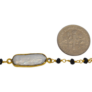 Brass Gold Plated 3.30mm Width by 2.40mm Length Hand Cut Black Spinel Gem Stone, Followed by 7.40mm Width by 17.10mm Length approximately Biwa Pearl Bezel Set, Gem Stone Chain. Price per: 1 Inch.