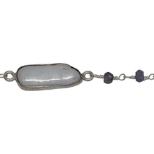 Load image into Gallery viewer, Chain by Foot. Brass Silver Plated 3.35mm Width by 2.70mm Length Hand Cut Iolite Stone, Followed by 7.75mm Width by 18.63mm Length approximately Biwa Pearl Bezel Set, Gem Stone Chain. Price per: 1 Inch.

