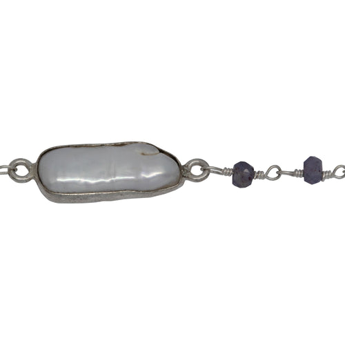 Chain by Foot. Brass Silver Plated 3.35mm Width by 2.70mm Length Hand Cut Iolite Stone, Followed by 7.75mm Width by 18.63mm Length approximately Biwa Pearl Bezel Set, Gem Stone Chain. Price per: 1 Inch.