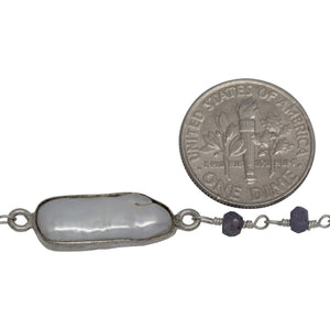 Brass Silver Plated 3.35mm Width by 2.70mm Length Hand Cut Iolite Stone, Followed by 7.75mm Width by 18.63mm Length approximately Biwa Pearl Bezel Set, Gem Stone Chain. Price per: 1 Inch.