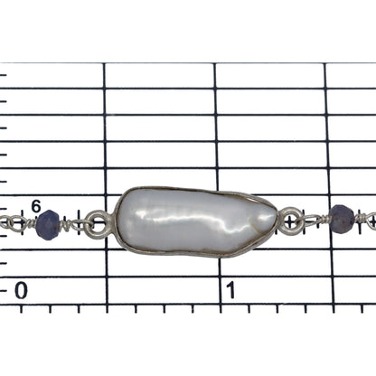 Brass Silver Plated 3.35mm Width by 2.70mm Length Hand Cut Iolite Stone, Followed by 7.75mm Width by 18.63mm Length approximately Biwa Pearl Bezel Set, Gem Stone Chain. Price per: 1 Inch.