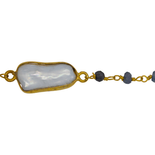 Chain by Foot. Brass Gold Plated 3.35mm Width by 2.70mm Length Hand Cut Iolite Stone, Followed by 7.75mm Width by 18.63mm Length approximately Biwa Pearl Bezel Set, Gem Stone Chain. Price per: 1 Inch.