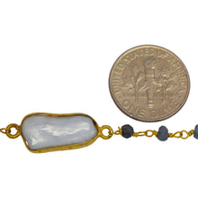 Load image into Gallery viewer, Brass Gold Plated 3.35mm Width by 2.70mm Length Hand Cut Iolite Stone, Followed by 7.75mm Width by 18.63mm Length approximately Biwa Pearl Bezel Set, Gem Stone Chain. Price per: 1 Inch.
