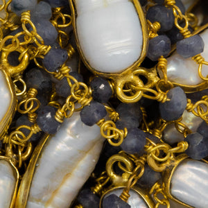 Brass Gold Plated 3.35mm Width by 2.70mm Length Hand Cut Iolite Stone, Followed by 7.75mm Width by 18.63mm Length approximately Biwa Pearl Bezel Set, Gem Stone Chain. Price per: 1 Inch.