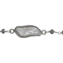 Load image into Gallery viewer, Chain by Foot. Brass Silver Plated 3.45mm Width by 2.15mm Length Hand Cut Labradorite Stone, Followed by 7.35mm Width by 19.28mm Length approximately Biwa Pearl Bezel Set, Gem Stone Chain. Price per: 1 Inch.
