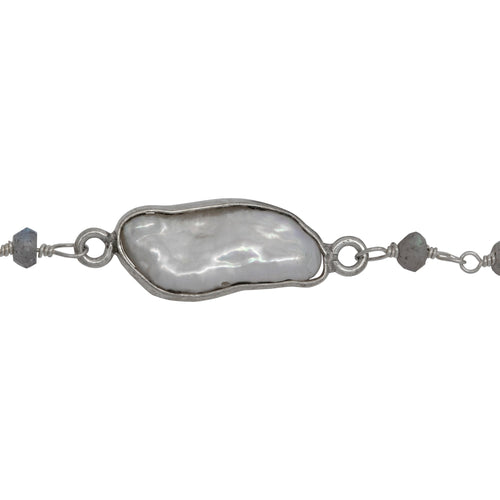 Chain by Foot. Brass Silver Plated 3.45mm Width by 2.15mm Length Hand Cut Labradorite Stone, Followed by 7.35mm Width by 19.28mm Length approximately Biwa Pearl Bezel Set, Gem Stone Chain. Price per: 1 Inch.