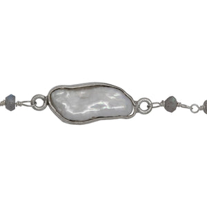 Chain by Foot. Brass Silver Plated 3.45mm Width by 2.15mm Length Hand Cut Labradorite Stone, Followed by 7.35mm Width by 19.28mm Length approximately Biwa Pearl Bezel Set, Gem Stone Chain. Price per: 1 Inch.