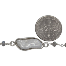 Load image into Gallery viewer, Brass Silver Plated 3.45mm Width by 2.15mm Length Hand Cut Labradorite Stone, Followed by 7.35mm Width by 19.28mm Length approximately Biwa Pearl Bezel Set, Gem Stone Chain. Price per: 1 Inch.
