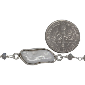 Brass Silver Plated 3.45mm Width by 2.15mm Length Hand Cut Labradorite Stone, Followed by 7.35mm Width by 19.28mm Length approximately Biwa Pearl Bezel Set, Gem Stone Chain. Price per: 1 Inch.