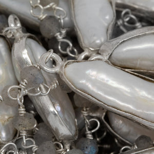 Brass Silver Plated 3.45mm Width by 2.15mm Length Hand Cut Labradorite Stone, Followed by 7.35mm Width by 19.28mm Length approximately Biwa Pearl Bezel Set, Gem Stone Chain. Price per: 1 Inch.