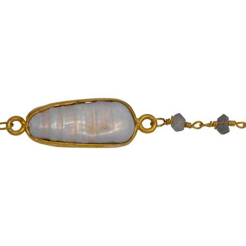 Chain by Foot. Brass Gold Plated 3.45mm Width by 2.15mm Length Hand Cut Labradorite Stone, Followed by 7.35mm Width by 19.28mm Length approximately Biwa Pearl Bezel Set, Gem Stone Chain. Price per: 1 Inch.