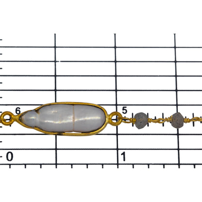 Brass Gold Plated 3.45mm Width by 2.15mm Length Hand Cut Labradorite Stone, Followed by 7.35mm Width by 19.28mm Length approximately Biwa Pearl Bezel Set, Gem Stone Chain. Price per: 1 Inch.