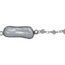 Load image into Gallery viewer, Chain by Foot. Brass Silver Plated 2.86mm Width by 2.36mm Length Hand Cut Rainbow Moon Stone, Followed by 8.19mm Width by 19.70mm Length approximately Biwa Pearl Bezel Set, Gem Stone Chain. Price per: 1 Inch.
