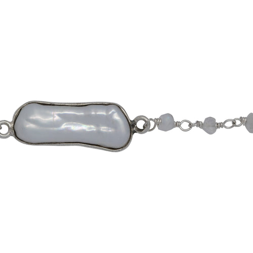 Chain by Foot. Brass Silver Plated 2.86mm Width by 2.36mm Length Hand Cut Rainbow Moon Stone, Followed by 8.19mm Width by 19.70mm Length approximately Biwa Pearl Bezel Set, Gem Stone Chain. Price per: 1 Inch.